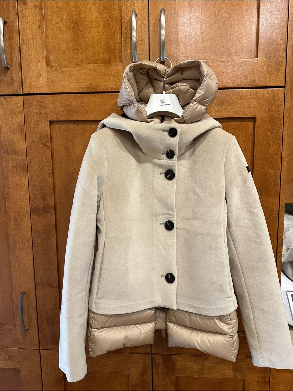 Hooded Two‑Tone Beige Mixed‑Fabric Blazer Jacket